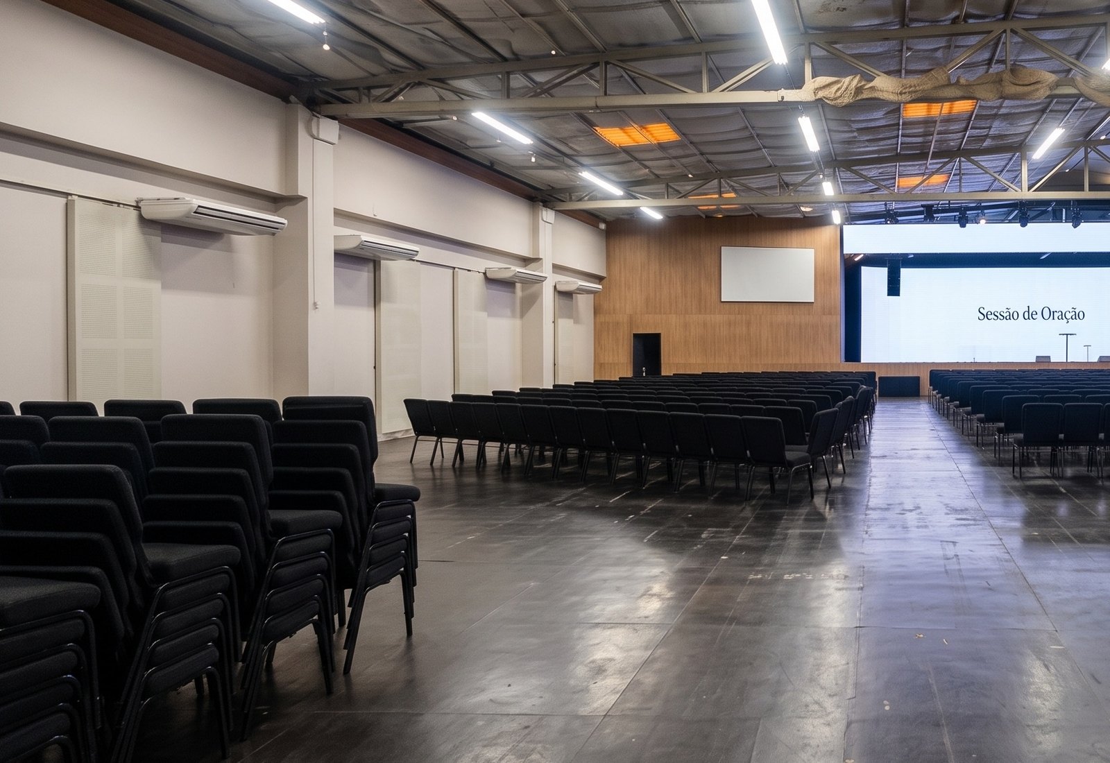 Auditório principal em vista lateral, com cadeiras e palco